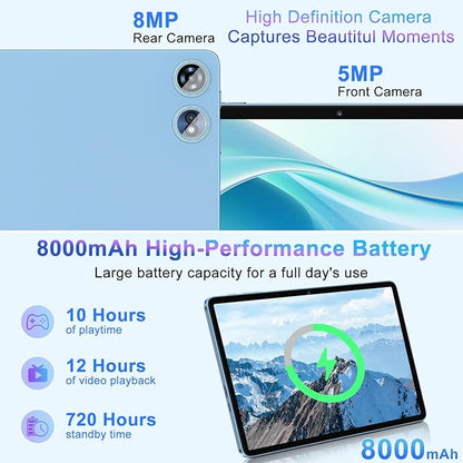 Tablet 10 inch Android 15 Tablets 30GB RAM 128GB ROM 1TB Expand, 8000mAh Octa-Core Tablets with Keyboard Mouse, HD IPS Display, Gemini AI, GPS, 5G WiFi, Widevine L1, Split-Screen - Metal Blue