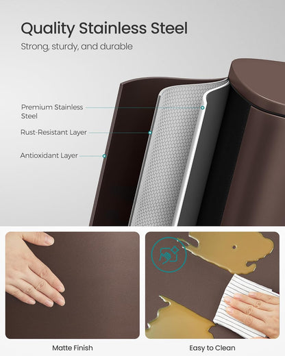 SONGMICS 13 Gallon (50 L) Trash Can, Stainless Steel Kitchen Garbage Can, Recycling or Waste Bin, Soft Close, Step-On Pedal, Removable Inner Bucket, Brown ULTB50BR