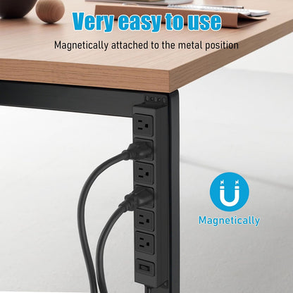 Magnetic Wall Mount Power Strip, Under Desk 6 Outlet Mountable Socket, Metal Long Heavy Duty Surge Protector for Garage, Gaming Table Or Workspace, 3FT Extension Cord.