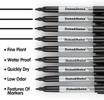 Dabo&Shobo Permanent Markers, 160 Pack Black Permanent Markers Bulk, Fine Tip, Quick Drying, Waterproof Markers, Work On Wood, Metal, Plastic, Stone, Glass For Office School Home