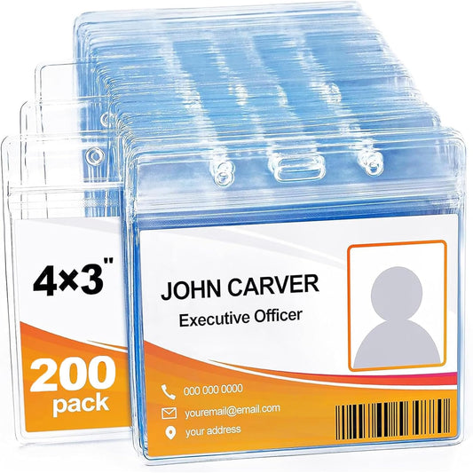 200 Pcs Clear Plastic Extra Thick Horizontal Card Holders, 4x3 Inch Sealable Waterproof Name Badge Bank ID Card Protector