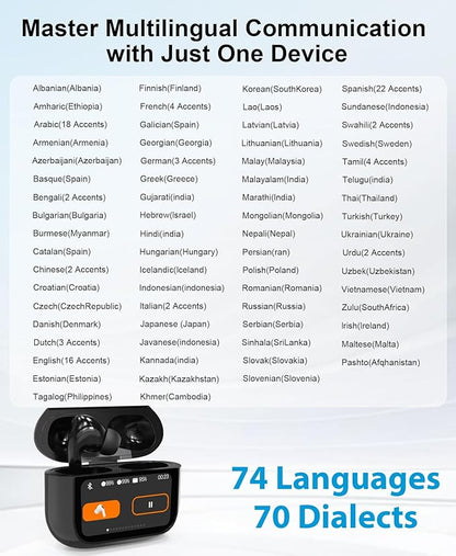 Ai Translation Earbuds Real Time 144-Language Translator Earbuds with Accent Support and 8-Language Offline Translator Device Two Way Translation Headphones for Language Learning Travel Business Black