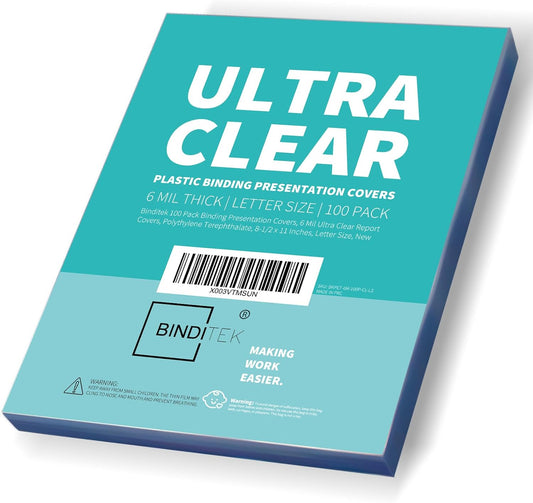 Binditek 100 Pack 6 Mil Clear Presentation Covers for Binding, Ultra Clear, 8.5 x 11 Inches, Letter Size, Square Corners, Un-Punched, Office Supplies