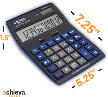 Achieva 12-Digit LCD Display Desktop Calculator | Blue | Mark Up Key, Selectable Decimal & Rounding Switches | Dual Solar/Battery Power | for Home, Office, School (990)