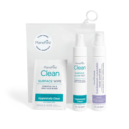 Travel Essentials | Hygiene Kit | Travel Toiletry Kit | Travel Size | Lotion Hand Sanitizer Cardamom Lavender Scent | Surface Wipes | Individual Travel Wipes | Surface Cleaner | With Essential Oils