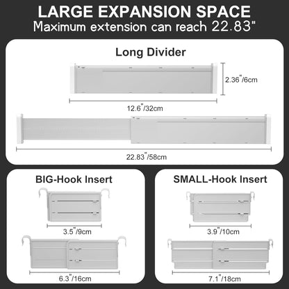 HiYZ Expandable Drawer Dividers with Inserts - Adjustable Drawer Organizers Separators for Kitchen, Bedroom, Dresser, Office, 3 Long Dividers(12.6-22.8 IN) with 6 Inserts(3.9-7.1 IN) - Gray