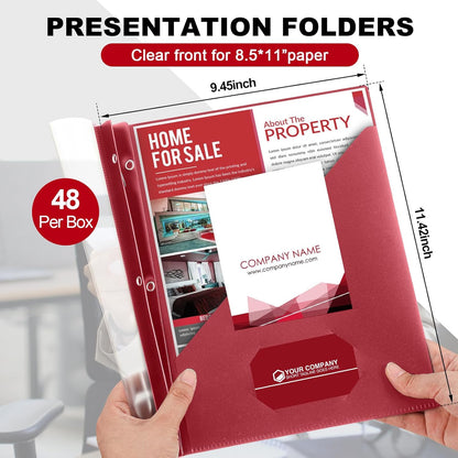 Teling 48 Pack Clear Front Report Covers with 3 Prongs Fasteners, 11.42 x 9.45 Inch Plastic Presentation Folders Bulk, 90 Sheet Capacity, Book File Covers for Office School Business, Red