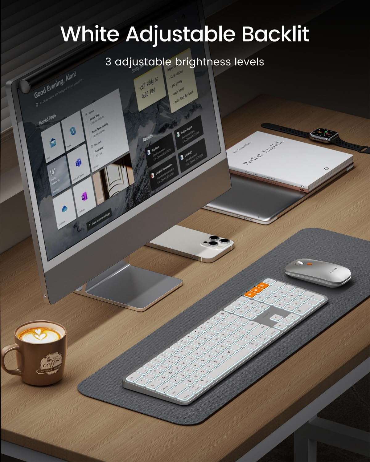 ProtoArc Backlit Bluetooth Keyboard and Mouse for Mac, KM100-A Multi-Device Wireless Keyboard Mouse for Mac, Full Size Rechargeable for MacBook Pro/Air, iPhone, iPad, White Silver