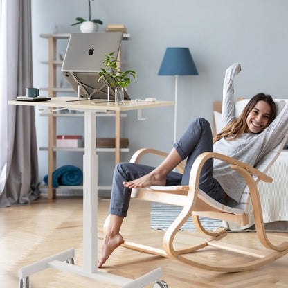 Mobile Small Standing Desk, Gas Spring Adjustable Height Rolling Portable Laptop Desk with Lockable Wheels, Computer Workstation, Rolling Podium (Maple Top + White Frame, 18 * 26)