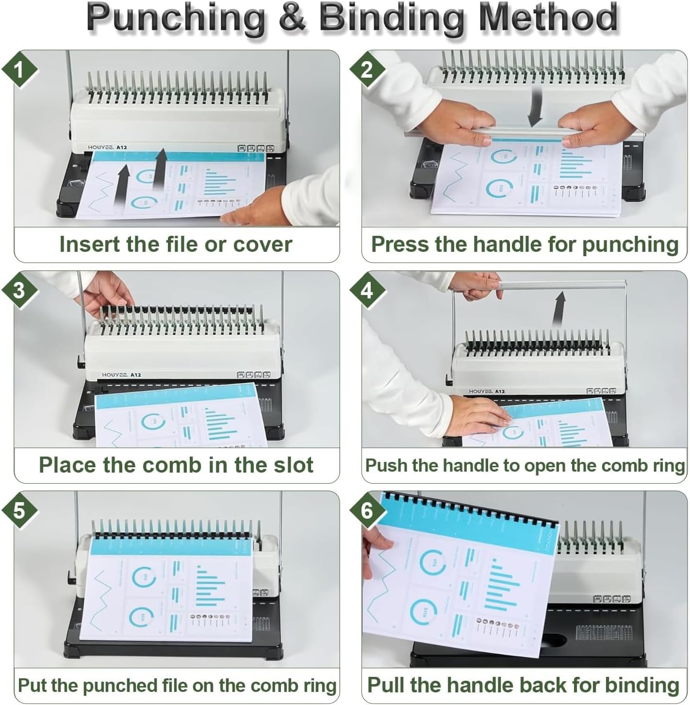 HOUYEE Manual Comb Binding Machine,19 Holes, 450 Sheets,Paper Punch Comb Binder Machine with 50 PCS 1/2" Comb Binding Spines, Fit for Letter Size Paper