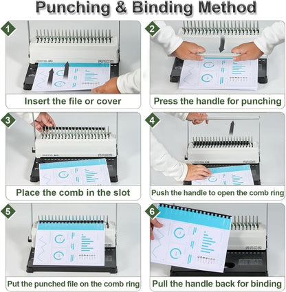 HOUYEE Manual Comb Binding Machine,19 Holes, 450 Sheets,Paper Punch Comb Binder Machine with 50 PCS 1/2" Comb Binding Spines, Fit for Letter Size Paper
