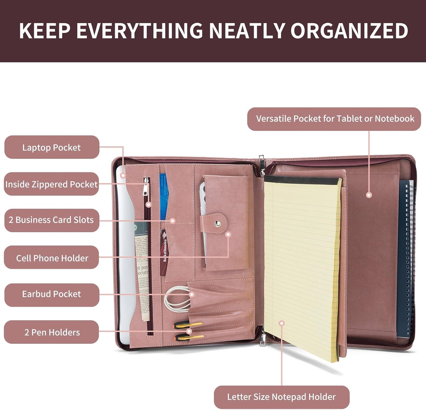 Vegan Leather Portfolio with Front Pocket for Women, 8.5 x 11 Legal Pad Notepad Holder, Zippered Business Organizer, Professional Executive Letter Notebook Folder for Work, Pink
