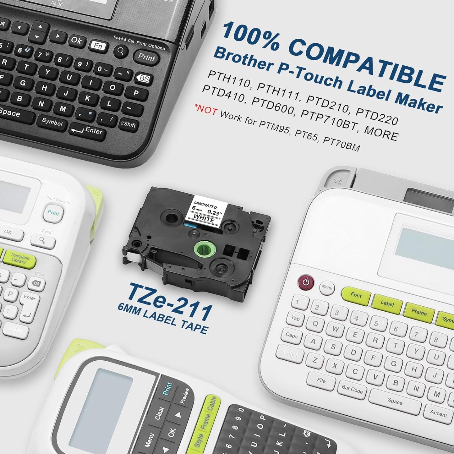 Label KINGDOM TZe-211 6mm Label Maker Tape Replacement for Brother TZe211 TZe TZ Tape 6mm 0.23 Laminated White 1/4 Inch Compatible with Brother P Touch PT-D210 PT-D220 PT-H110 PT-D400, 6-Pack