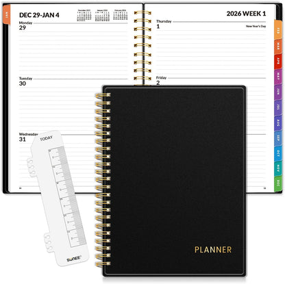 SUNEE 2026 Weekly and Monthly Planner - from January 2026 - December 2026, 6.4" x 8.3" Daily Agenda Planner with Monthly Tab, Flexible Cover, Note Pages, Pockets, Bookmark, Spiral Binding, Black