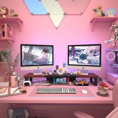 WESTREE Dual Monitor Stand Riser, Wood and Steel Monitor Stand Riser, Computer Monitor Stand for 2 Monitors, Multi-Purpose Desktop Storage Stand for Computer,Laptop,Printer,TV