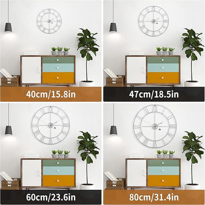 Large Wall Clock - 80cm/ 32 Inches, Silver, Non-Ticking, Battery Operated, Vintage Modern Wall Clock for Living Room, Bedroom, Office, Farmhouse Decor