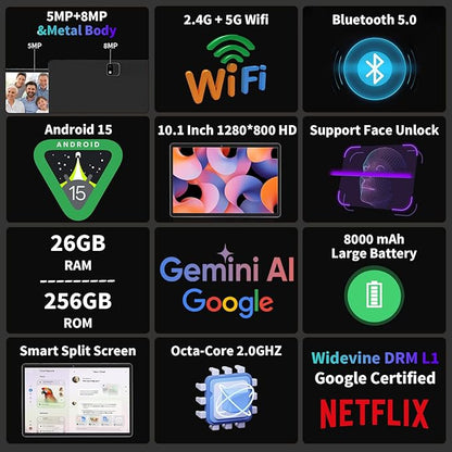 2025 Android 15 tablet with keyboard, 26GB+256GB+2TB Expand, 10 inch 2-in-1 Tablets with 8-Core, 5G WiFi, 8000mAh, BT5.0, 5MP+13MP, GMS, GPS, Widevine L1, Tablet PC with Mouse, Case, Stylus (Green)
