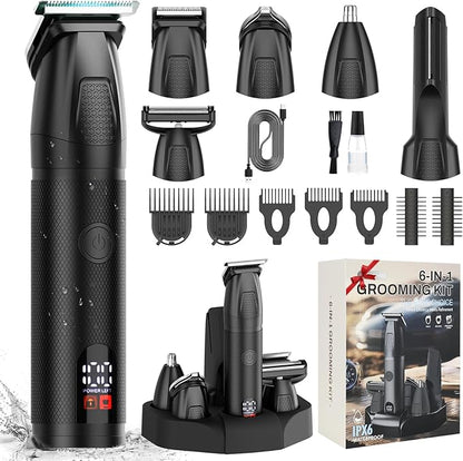 Beard Trimmer for Men Professional with Hair Clippers, 6-in-1 Cordless Hair Trimmer Set, IPX6 Waterproof Mens Grooming Kits Electric Razor for Face,Mustache,Body,Ear,Nose,Gifts