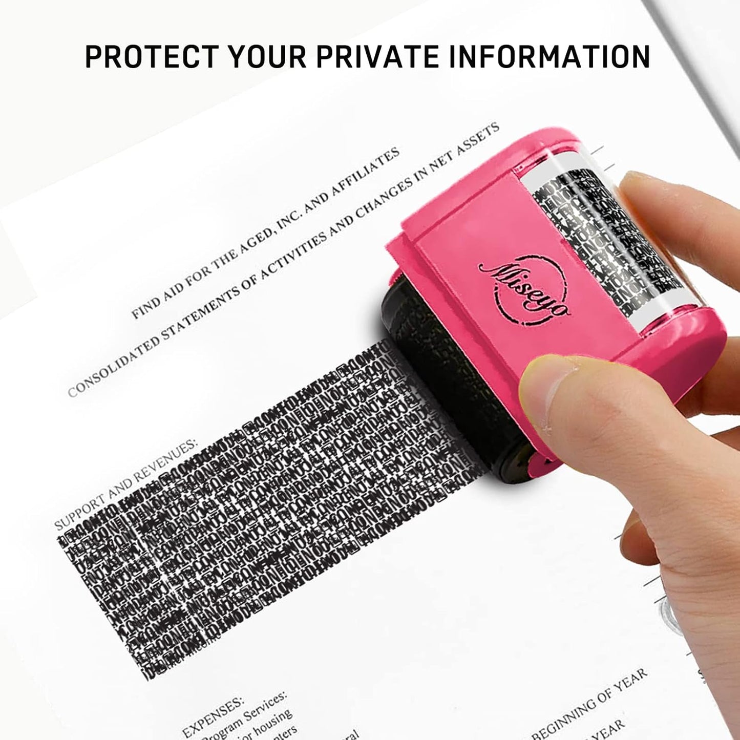 Miseyo Wide Identity Theft Protection Roller Stamp Set - Peach (3 Refill Ink Included)