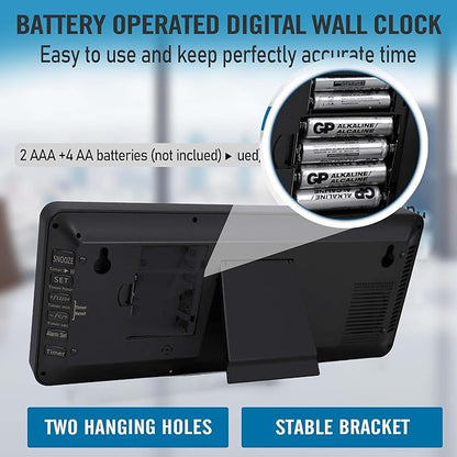 TXL 14.2"" Large Digital Wall Clock Battery Operated, Digital Clock Large display with Day, Date & Temperature, Large wall clock for Bedroom, Livingroom, Office，Battery Included, Black