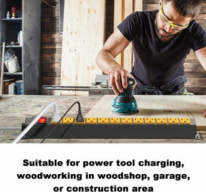 12 Outlet Heavy Duty Power Strip with 15A Circuit Breaker,Metal Wall Mount Power Strip for Garage Workshop Industrial 1200J 15A 125V 1875W 6ft Cord