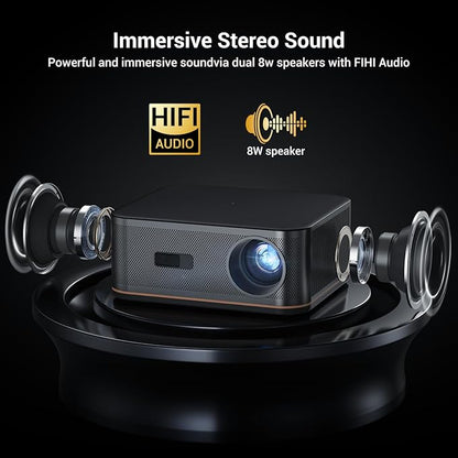 2000 ANSI 4K Full HD Projector with WiFi and Bluetooth, HAPPRUN Movie Home Theater with Auto Focus, 300'' Display for Indoor/Outdoor, Smart Proyector Compatible with Phone/TV Stick/PC/PS5