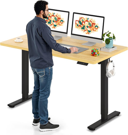 SANODESK Electric Standing Desk 55 x 28 Inches Whole-Piece Desktop Height Adjustable Stand Up Desk w/6-Button Controller Ergonomic Computer Desk for Home Office, Black Frame + Natural Tabletop
