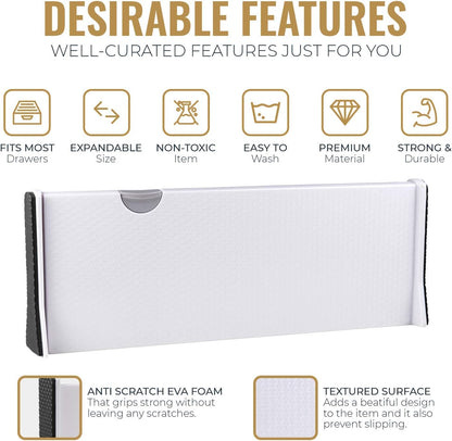 RAPTUROUS Adjustable Deep Drawer Divider – 5" Tall, Expandable 13-22", 4-Pack, Non-Slip Drawer Dividers for Clothes, Dresser, Kitchen & Office Organization (White)
