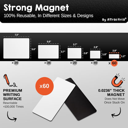 Dry Erase Magnetic Labels 2.8 x 1.2 in, Dry Erase Magnets, 60-Pack, White Erasable Write-On All-Purpose Labels, for Office, Education, Home, Whiteboard, Magnetic Name Tags