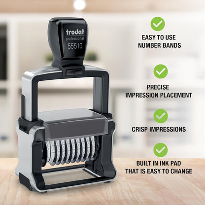 Trodat Numberer Stamp Professional 55510 – 10 Digits, Self Inking, 3/16" (5 mm) Characters, Black Ink