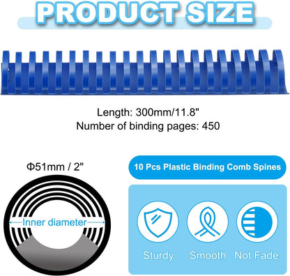 PATIKIL 51mm (2") Plastic Binding Combs, 10 Pcs 21 Rings Comb Binding Spines 450 Sheet Capacity Letter Size for Binding Paper Sheets Notebook Calendar Picture Album, Blue