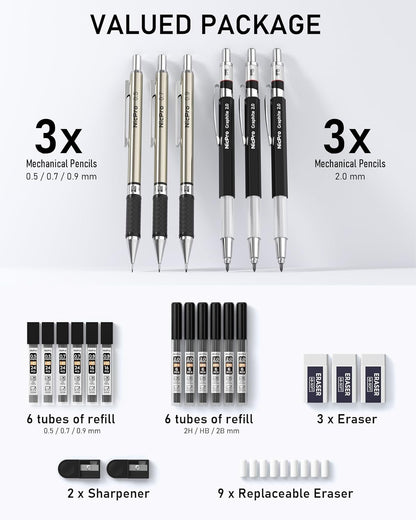 Nicpro 6PCS Art Mechanical Pencil Set, 3PCS Metal Drafting Pencil 0.5 mm & 0.7 mm & 0.9 mm & 3PCS 2mm Graphite Lead Holder (2B HB 2H) For Writing, Sketching Drawing With Lead Refills Case