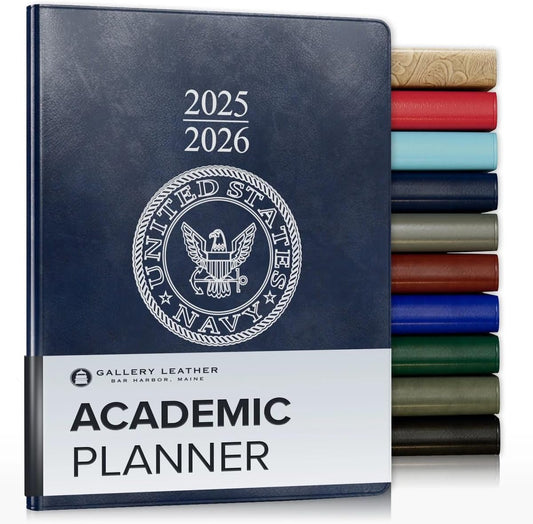 Gallery Leather Academic Planner 2025-2026, Teacher and Student Weekly Monthly Planner, Elegantly Bound Calendar with Gold-Gilded Page Edges, 18 Months - Acadia Navy - US Navy - 9x7"