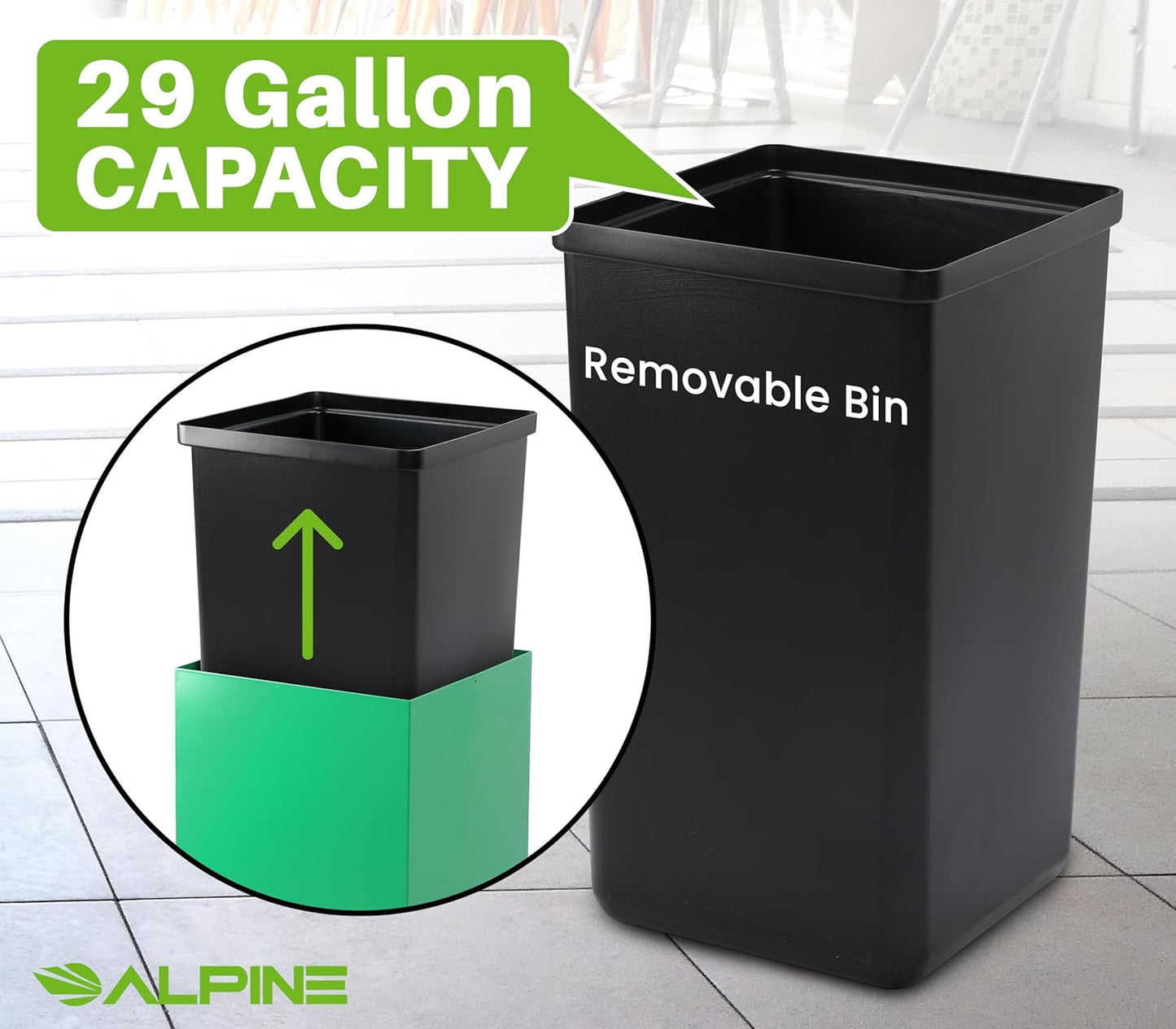 Alpine Commercial Indoor Recycle Bin - 29 Gallon Modern Looking Green Recycle Bin, Office Recycling Bins, Metal Trash and Recycling Container with Stickers & 3 Optional Lids (lid Sold Separately)