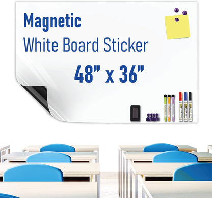 Magnetic Whiteboard Sticker Dry Erase Board for Wall - Adhesive Backing 48" x 36" Whiteboard for Classroom Office Home