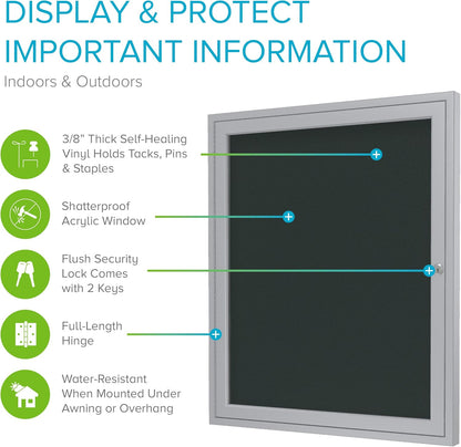 Ghent 36"x36" 1-Door Outdoor Enclosed Vinyl Bulletin Board, Shatter Resistant, with Lock, Satin Aluminum Frame - Ebony (PA13636VX-183), Made in the USA