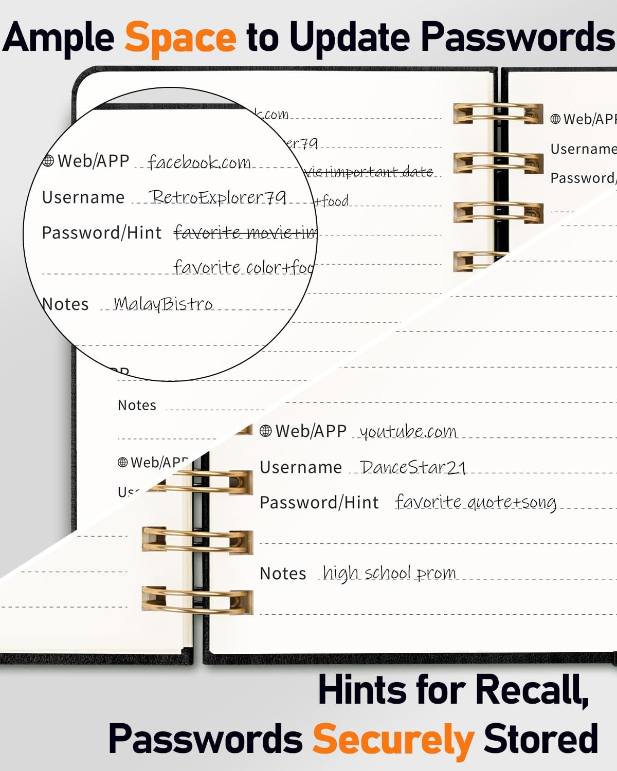 WEMATE Password Book with Alphabetical Tabs, Spiral Password Keeper Book for Seniors, Internet Password Notebook Password Journal Logbook Log in Detail, Small – 4.7''x 6'' (Black)