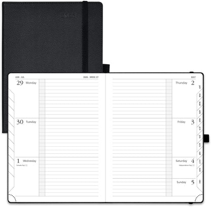 POPRUN 2026 Weekly Planner (Medium 6.75" x 8.75") 12 Months Calendar Notebook with Horizontal Layout, Leather Hardcover, Inner Pocket, 100GSM Thick Paper, Pen Holder - Black