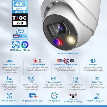 UltraHD 8MP Outdoor IP POE Camera, DMSS APP, 4K @30fps, TiOC Active Deterrent, 98ft Dual IR Color Vision F1.0, Indoor Network Camera, SMD4.0, 2-Way Audio, Vehicle & Human Detection, IVS, IP67, AI SSA