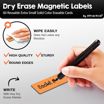 Dry Erase Magnetic Labels 2.8 x 1.2 in, Solid Colors, Dry Erase Magnets, 60-Pack, Colored Erasable Write-On All-Purpose Labels, for Office, Education, Home, Whiteboard