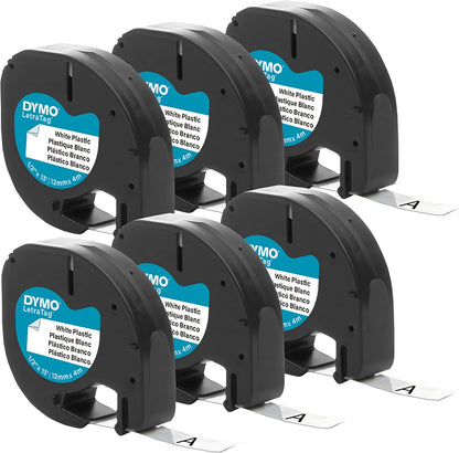 DYMO Authentic LT Plastic Labeling Tape for LetraTag Label Makers, 1/2" (12mm), Black Print On White Tape, 6-Pack