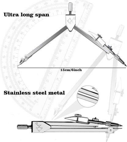 Students Geometry Math Set, Drawing Compass and 6 Inch Transparent Swing arm Protractor 180 Degree Math Protractor (Transparent)