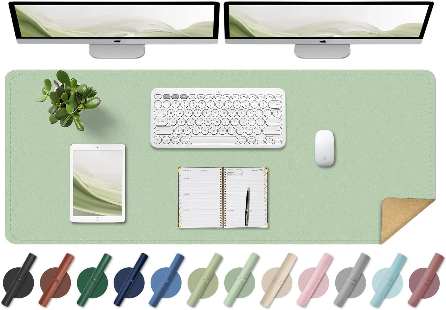 Large Non-Slip PU Leather Office Mat, 55'' x 17'', Laptop Desk Blotter Pad for Home & Office, Light Green