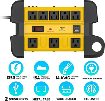 Heavy Duty Surge Protector Power Strip with 2 USB Ports, CRST 8-Outlet Metal Industrial Power Block with 15A Circuit Breaker, 6ft Extension Cord, 1350 Joules for Workshop, Garage, Office, Shop…