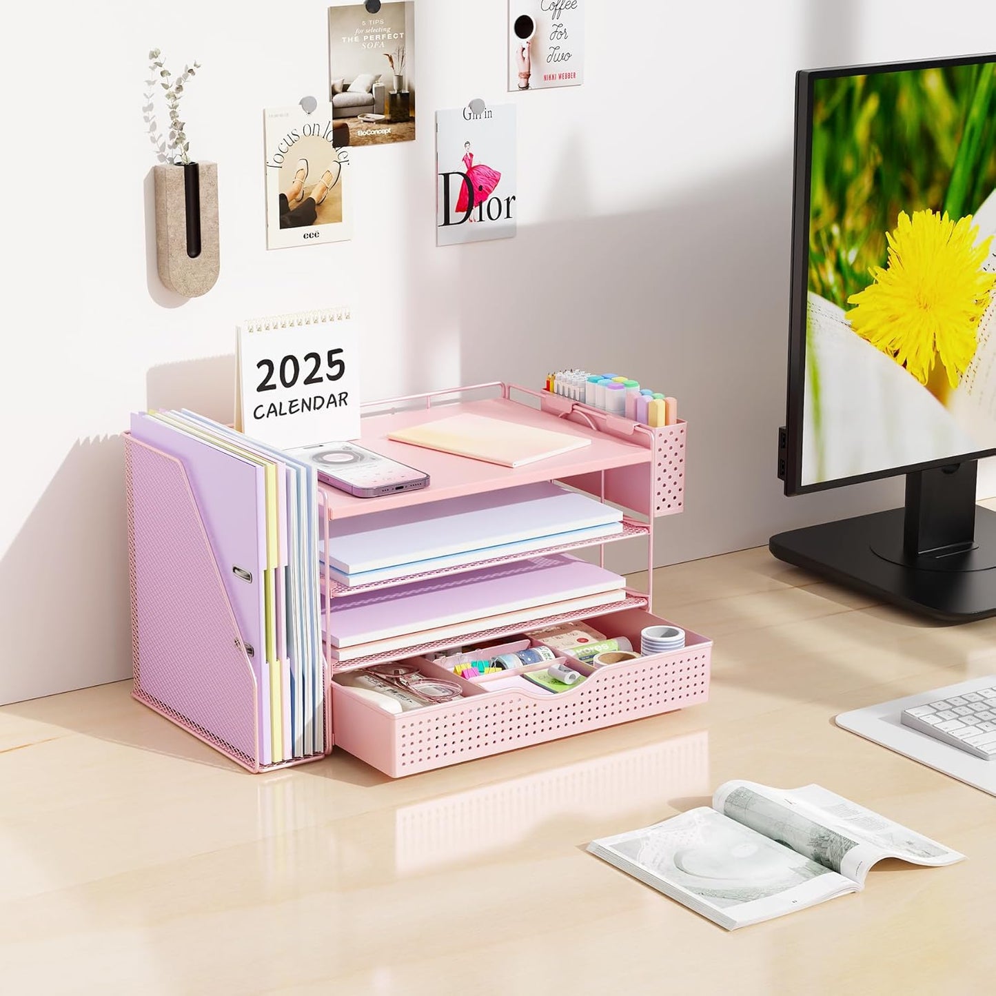Wood Desk Organizers and Accessories with File Holder, 4-Tier Desk Accessories & Workspace Organizers with Drawer and Pen Holder, Paper Organizer for Office Supplies (Pink)