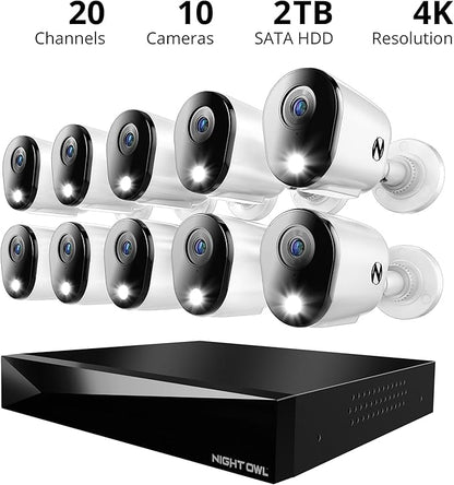 Night Owl 2-Way Audio 20 Channel DVR Video Home Security Camera System with (10) Wired 4K HD Indoor/Outdoor Deterrence Cameras and 2TB Hard Drive (Add up to 4 Wi-Fi Cameras) (10 Camera)