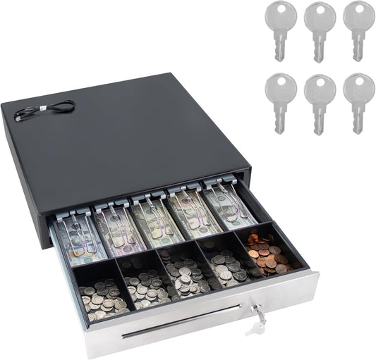 HK SYSTEMS 16inch Cash Drawer for POS, No Logo, Black, DC 24V/Micro Switch, RJ12, 1slot, Removable and Adjustable cash tray 5-bill/5-coin Metal wire gripper, 6Keys #135, Stainless Steel front, HK box
