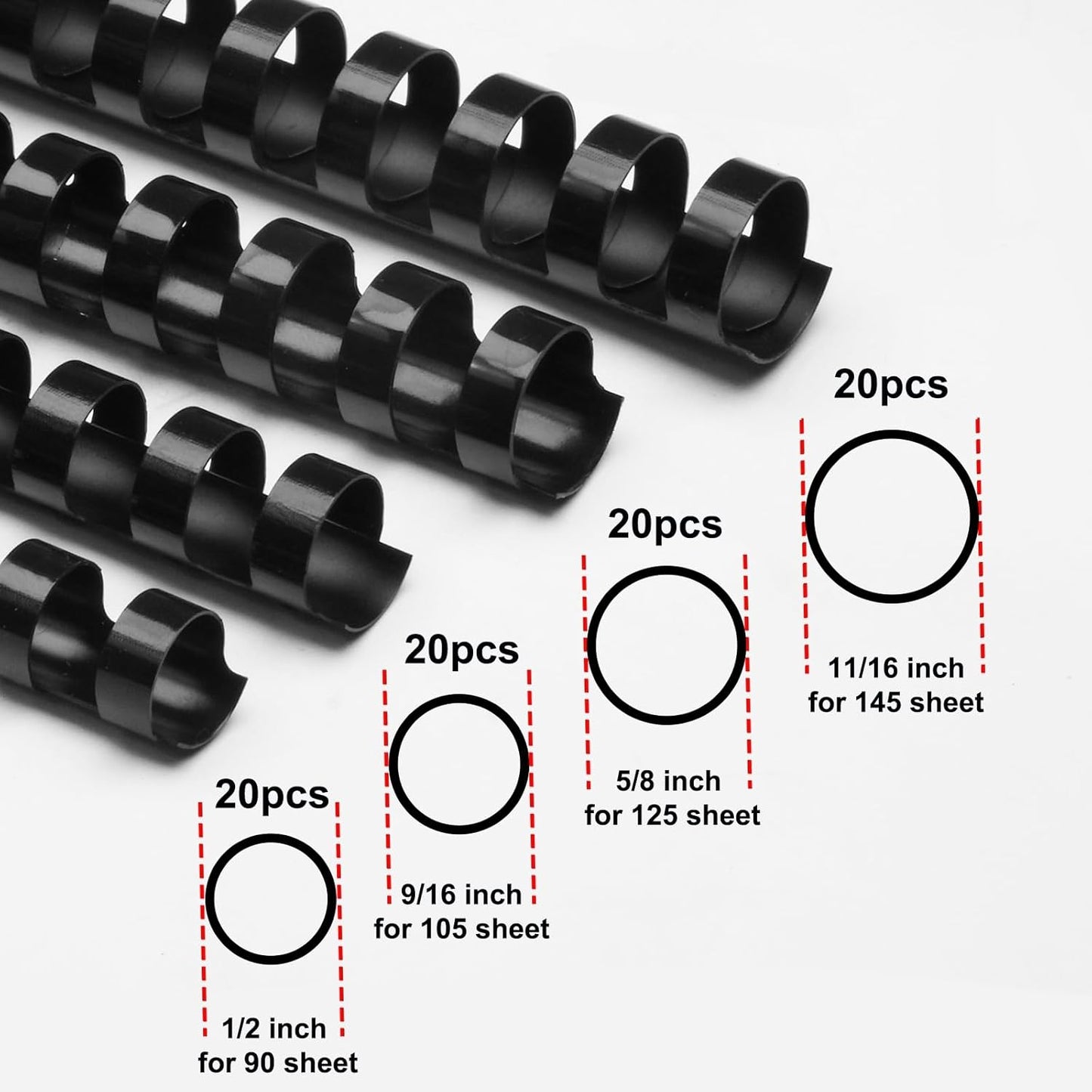 Rayson CR12141618BK Plastic Binding Combs 1/2in. 9/16in, 5/8in, 11/16in, 19-Ring Letter Size, Black Comb Binding Spines, Multi-Size Pack of 80