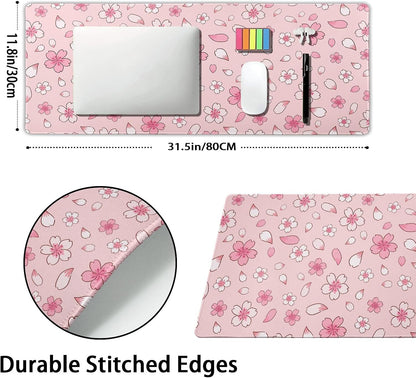 Pink Cherry Blossom Gaming Mouse Pad XL Cute Anime Aesthetics Floral Extended Kawaii Flowers Large Mousepad Non-Slip Rubber Base Stitched Edge Long Keyboard Desk Mat for Computer,31.5×11.8 Inch