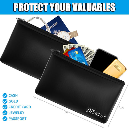 6400℉ Fireproof and Waterproof Money Bags 2pcs with Zipper,11''x6.3'' Fireproof Cash Bag with Zipper,Fireproof Wallet Envelope Safe Pouch Fireproof Bags for Cash Passports Keys Jewellery(Black)